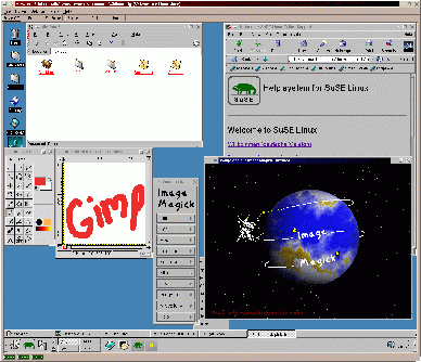 [SuSE6.3 desktop filemgr, Netscape, Gimp, Imagemagick within VMware -  screenshot]